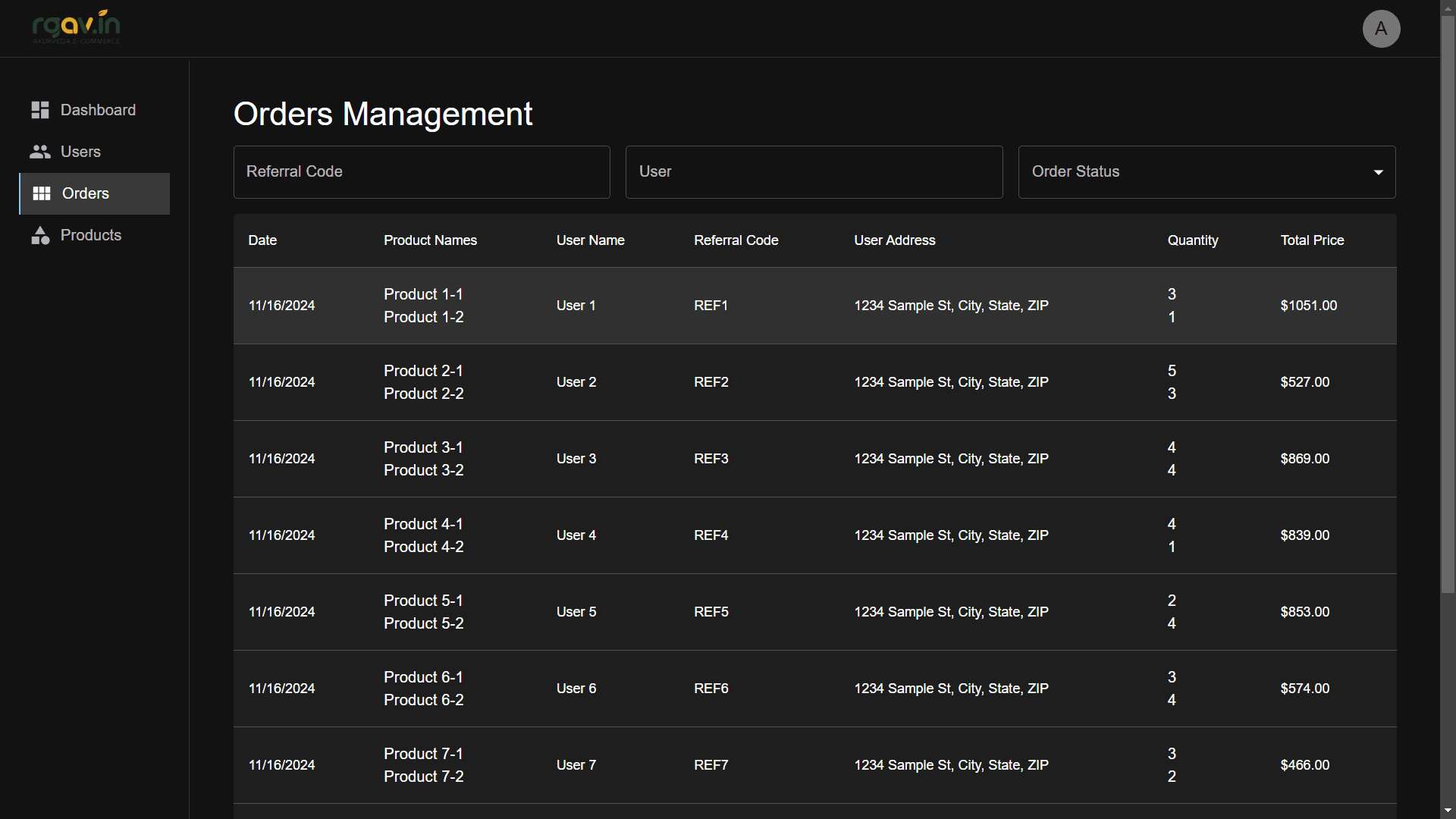 Orders management table with filters for referral code, user and order status