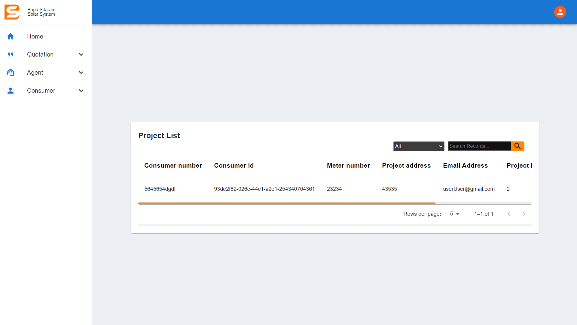 Project list table with search and pagination